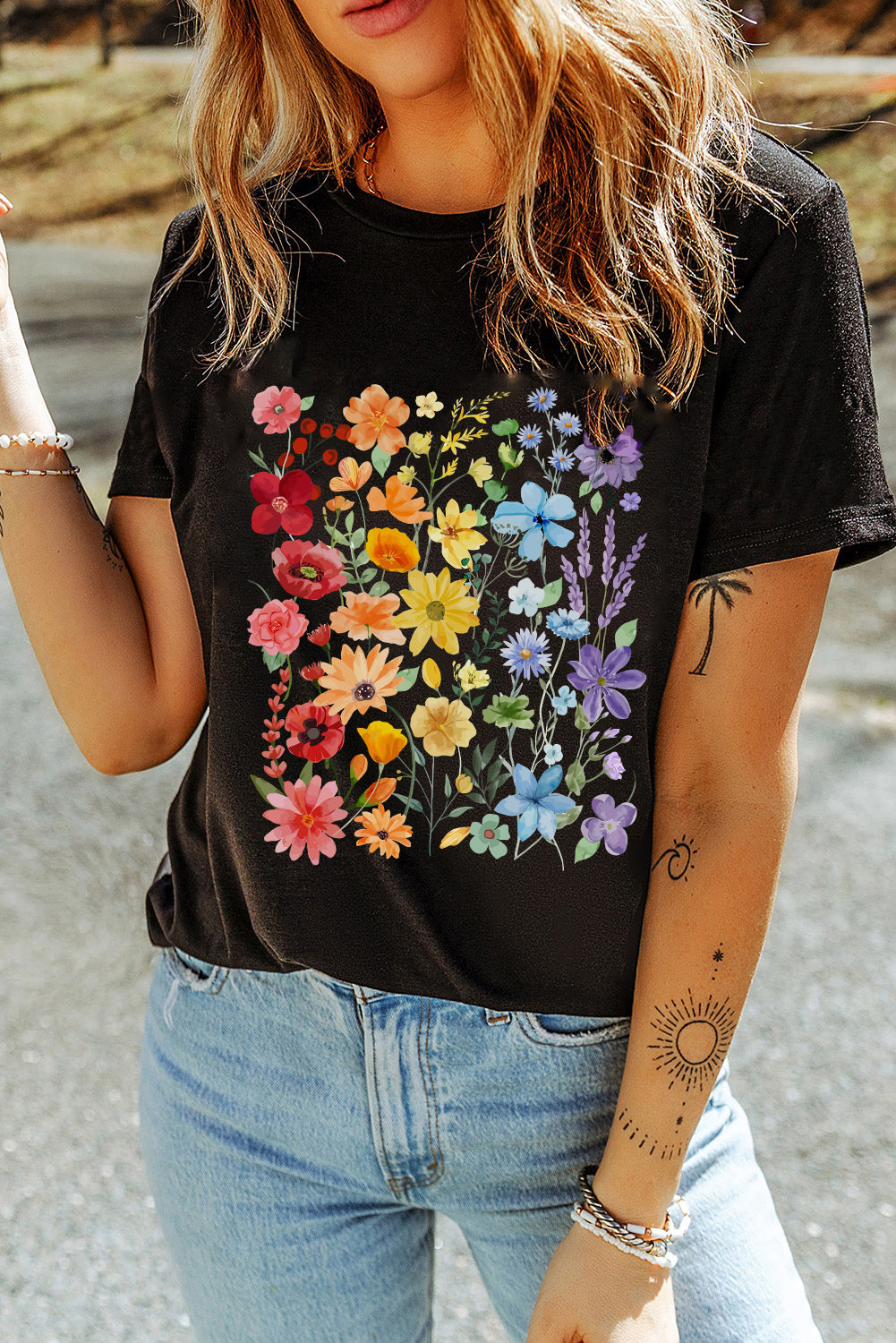 Black Beautiful Flower Print Cotton Blend Casual Tee Graphic Tees JT's Designer Fashion
