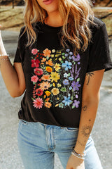 Black Beautiful Flower Print Cotton Blend Casual Tee Graphic Tees JT's Designer Fashion