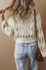 White Cut Out Crochet Crew Neck Loose Fit Sweater Sweaters JT's Designer Fashion