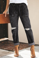 Black Gather Round Distressed Pocketed Denim Jogger Jeans JT's Designer Fashion