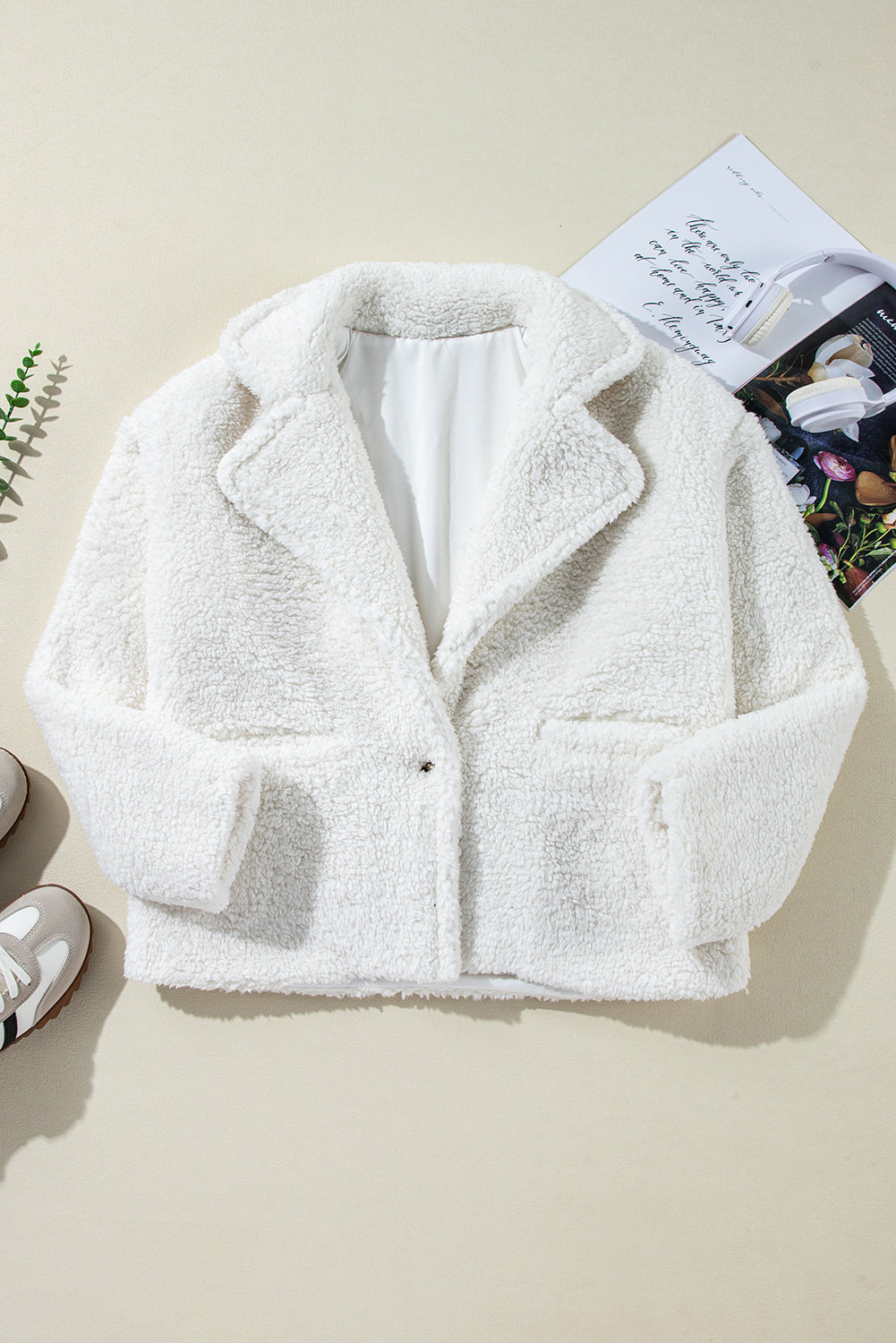 Beige Faux Fur Button Pocketed Lapel Collar Jacket Jackets JT's Designer Fashion