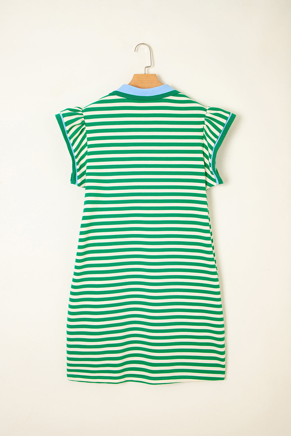 Green Stripe Print Contrast Collar Split Neck Flutter Sleeve Short Dress Mini Dresses JT's Designer Fashion