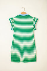 Green Stripe Print Contrast Collar Split Neck Flutter Sleeve Short Dress Mini Dresses JT's Designer Fashion