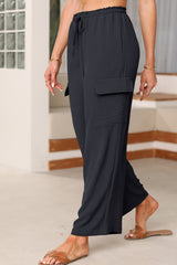 Black Drawstring Frilled Waist Wide Leg Utility Trousers Pants & Culotte JT's Designer Fashion