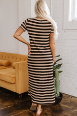 Black Stripe Casual Round Neck T-shirt Maxi Dress with Pockets T Shirt Dresses JT's Designer Fashion