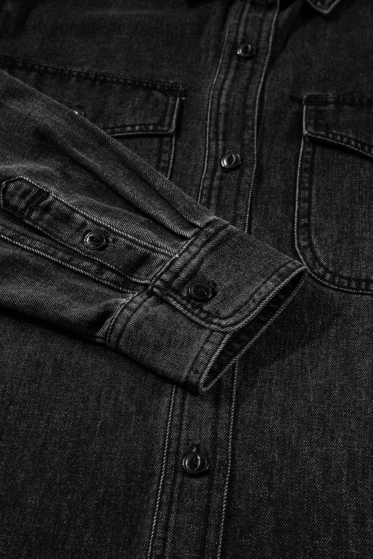 Black Flap Pocket Buttons Collared Jean Jacket Denim Jackets JT's Designer Fashion