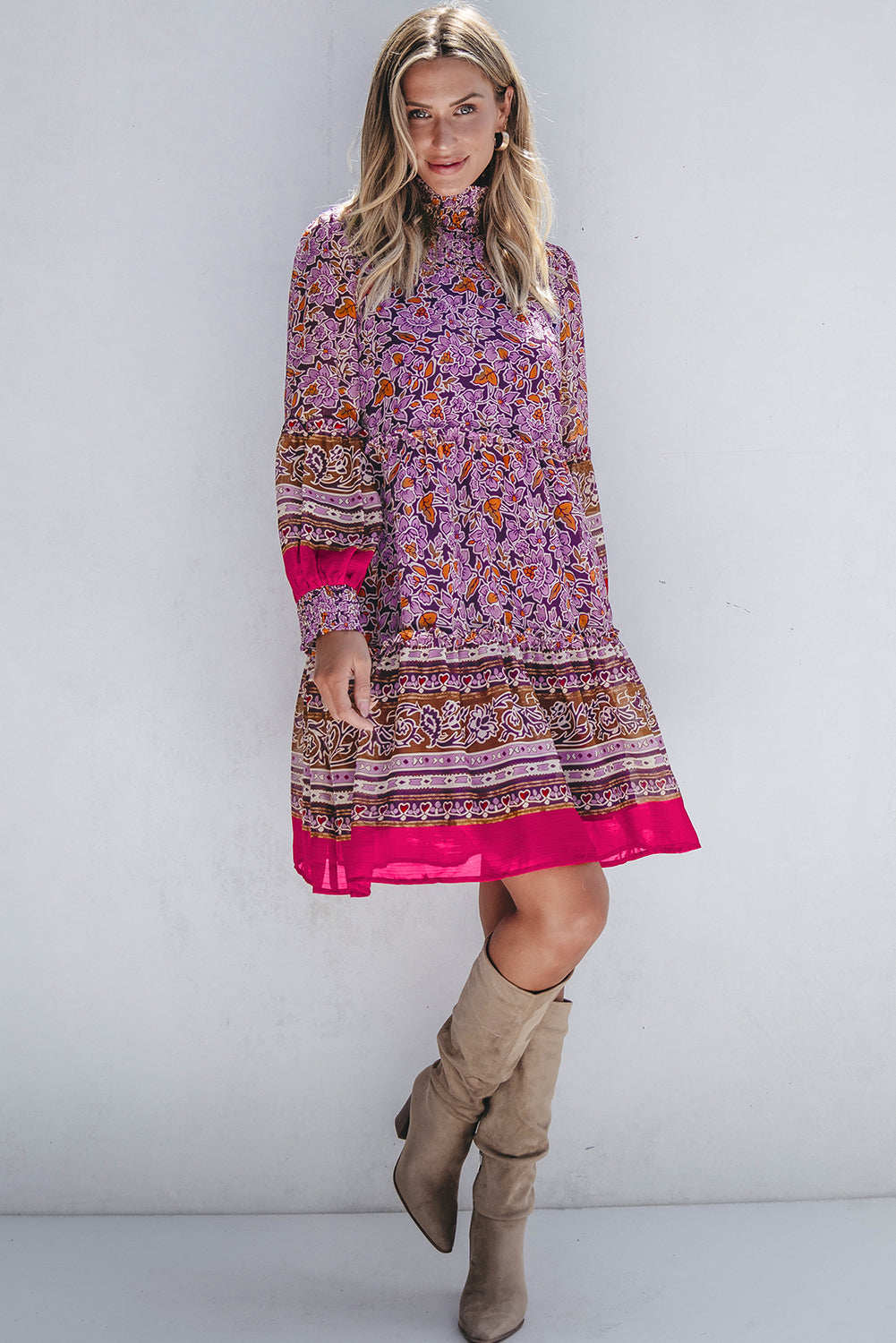 Purple Floral Smocked Puff Sleeve High Neck Mini Dress Floral Dresses JT's Designer Fashion
