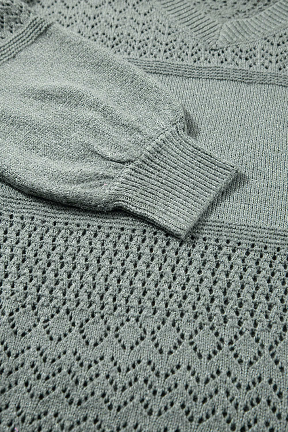 Mist Green Eyelet Pattern Detail V Neck Drop Shoulder Sweater Sweaters JT's Designer Fashion