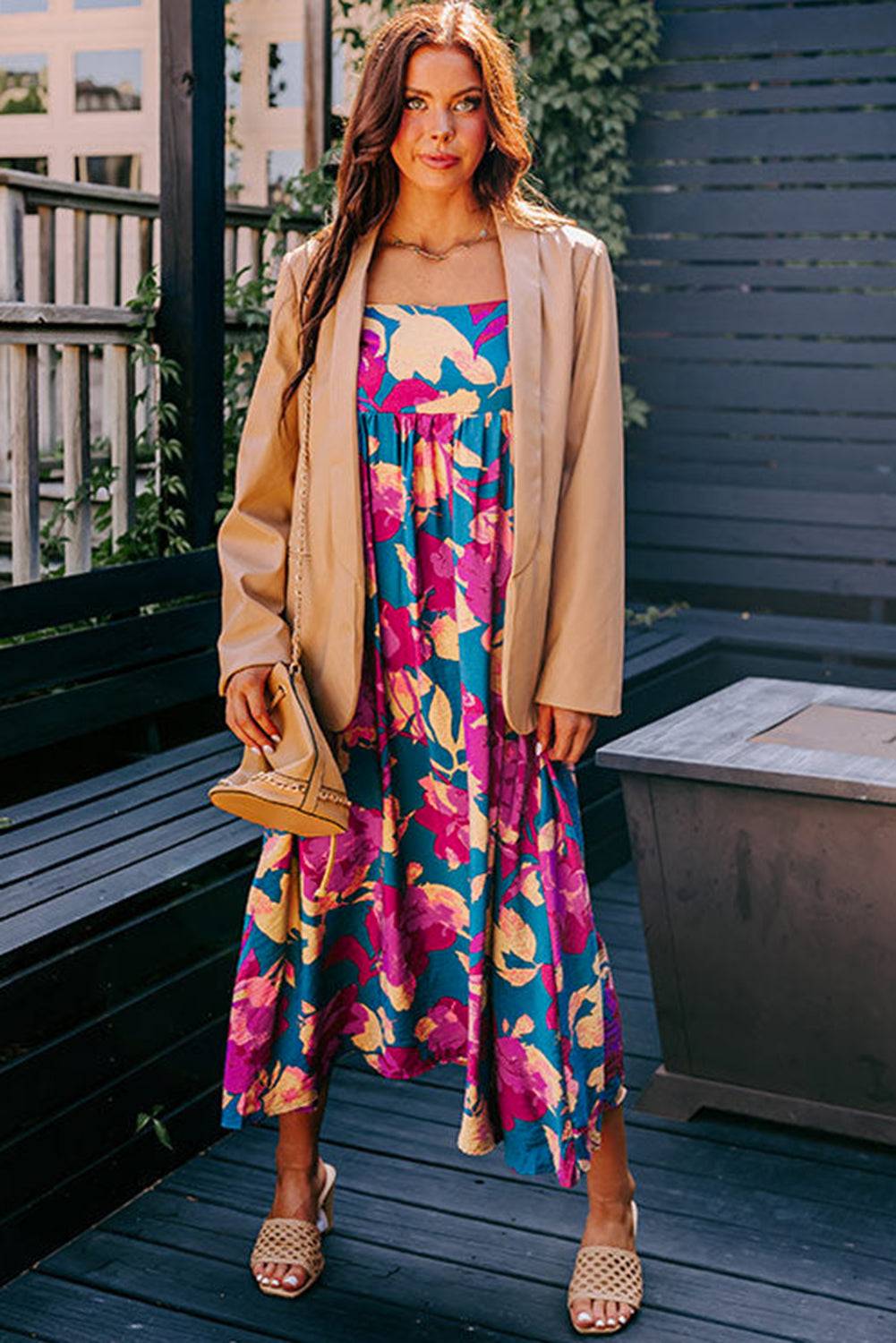 Dark Blue Floral High Waist Sleeveless Flared Long Dress Floral Dresses JT's Designer Fashion