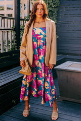 Dark Blue Floral High Waist Sleeveless Flared Long Dress Floral Dresses JT's Designer Fashion