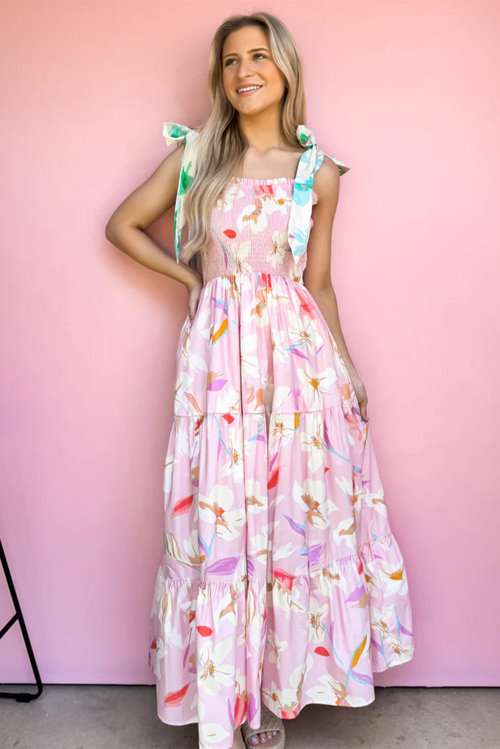 Pink Floral Print Knotted Shoulder Smocked Maxi Dress Floral Dresses JT's Designer Fashion
