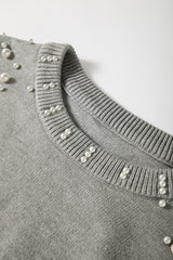 Light Grey Pearled Drop Shoulder Round Neck Sweater Sweaters JT's Designer Fashion
