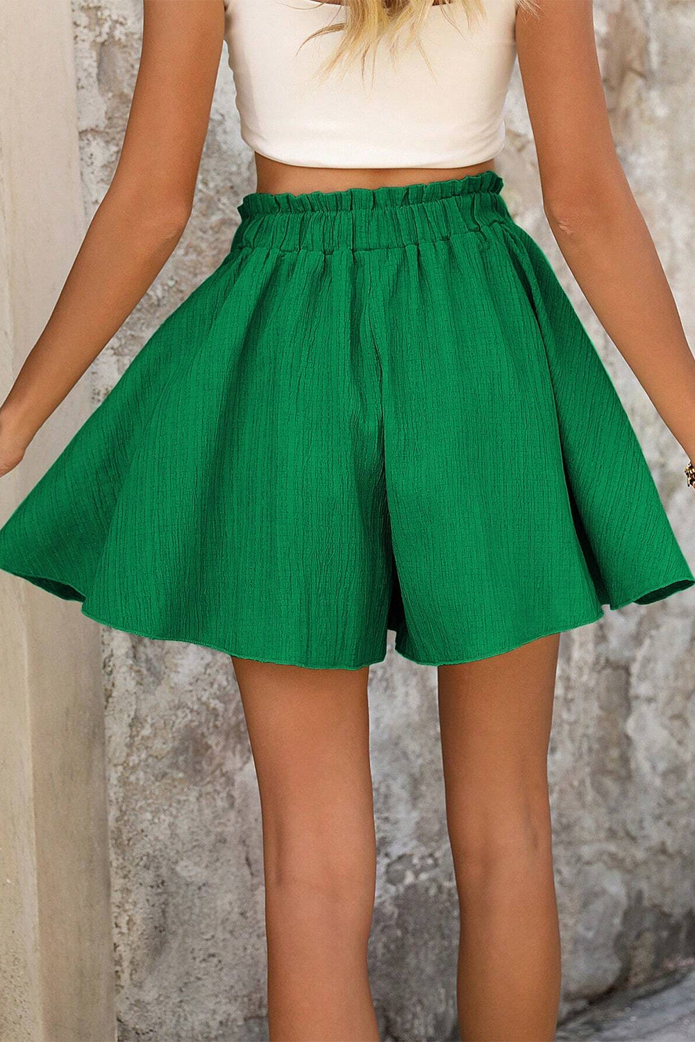 Dark Green Textured Frilled Lace-up High Waist Ruffle Wide Leg Shorts Casual Shorts JT's Designer Fashion
