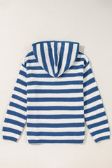 Blue Stripe V Neck Pocketed Drawstring Hooded Sweater Sweaters JT's Designer Fashion