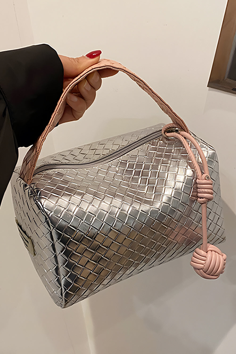 Silvery Lattice Texture Corded Ball Decor Weaven Handle Cosmetic Bag Makeup Bags JT's Designer Fashion