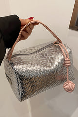 Silvery Lattice Texture Corded Ball Decor Weaven Handle Cosmetic Bag Makeup Bags JT's Designer Fashion