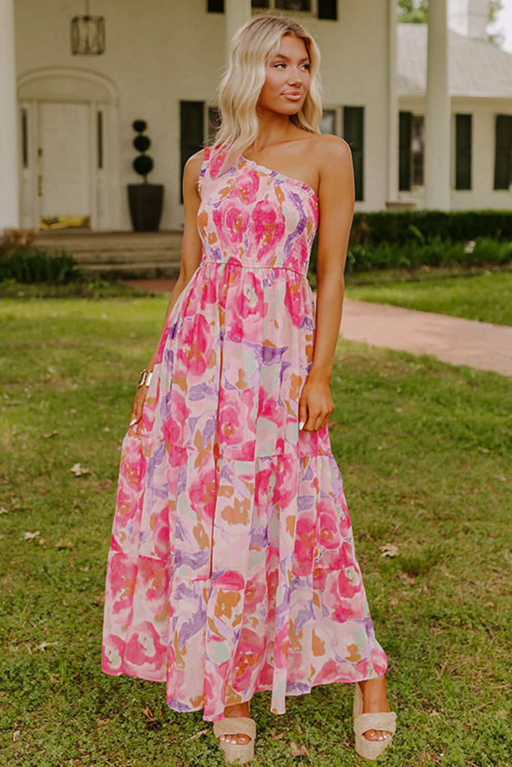 Pink Abstract Floral Print Shirred One Shoulder Maxi Dress Floral Dresses JT's Designer Fashion