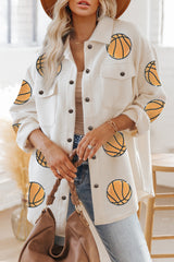 Beige Sequin Basketball Graphic Textured Snap Button Shacket Jackets JT's Designer Fashion