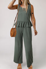 Duffel Green Solid Color Ribbed Ruffle Tank Top and Pants Set Pant Sets JT's Designer Fashion