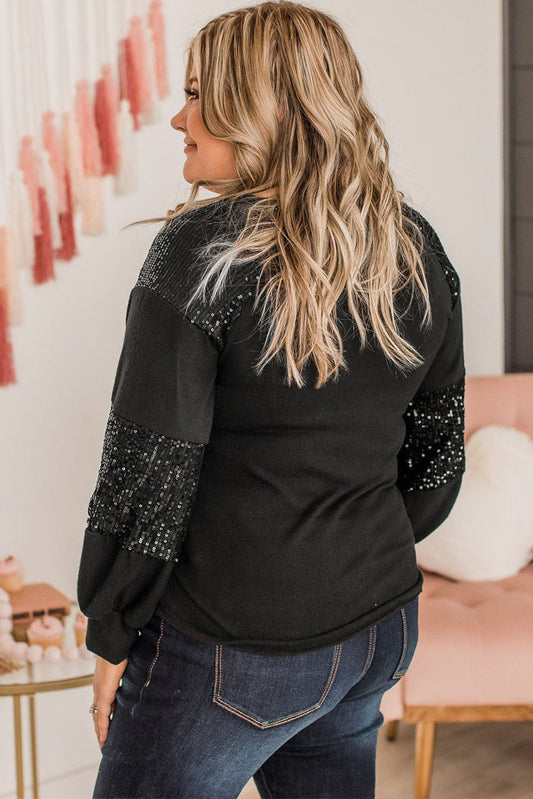 Black Rhinestone Heart Rugby Football Pattern Sequin Patched Sleeve Plus Size Top Graphic Plus Size JT's Designer Fashion