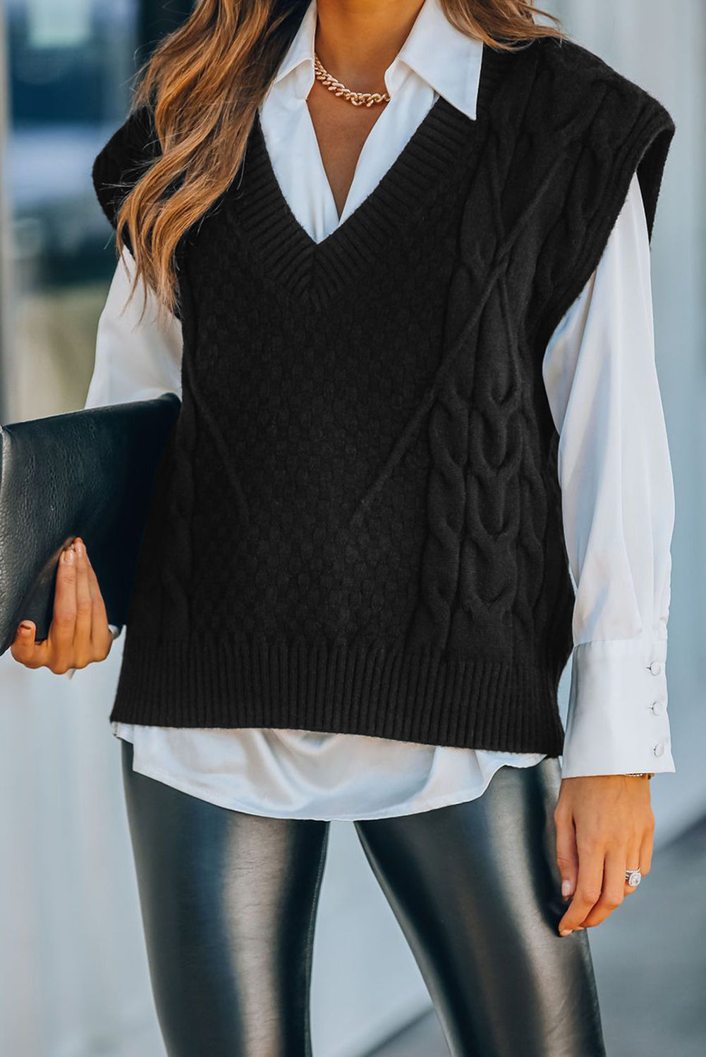 Black V-Neck Twist Knitted Vest Sweater Sweaters & Cardigans JT's Designer Fashion