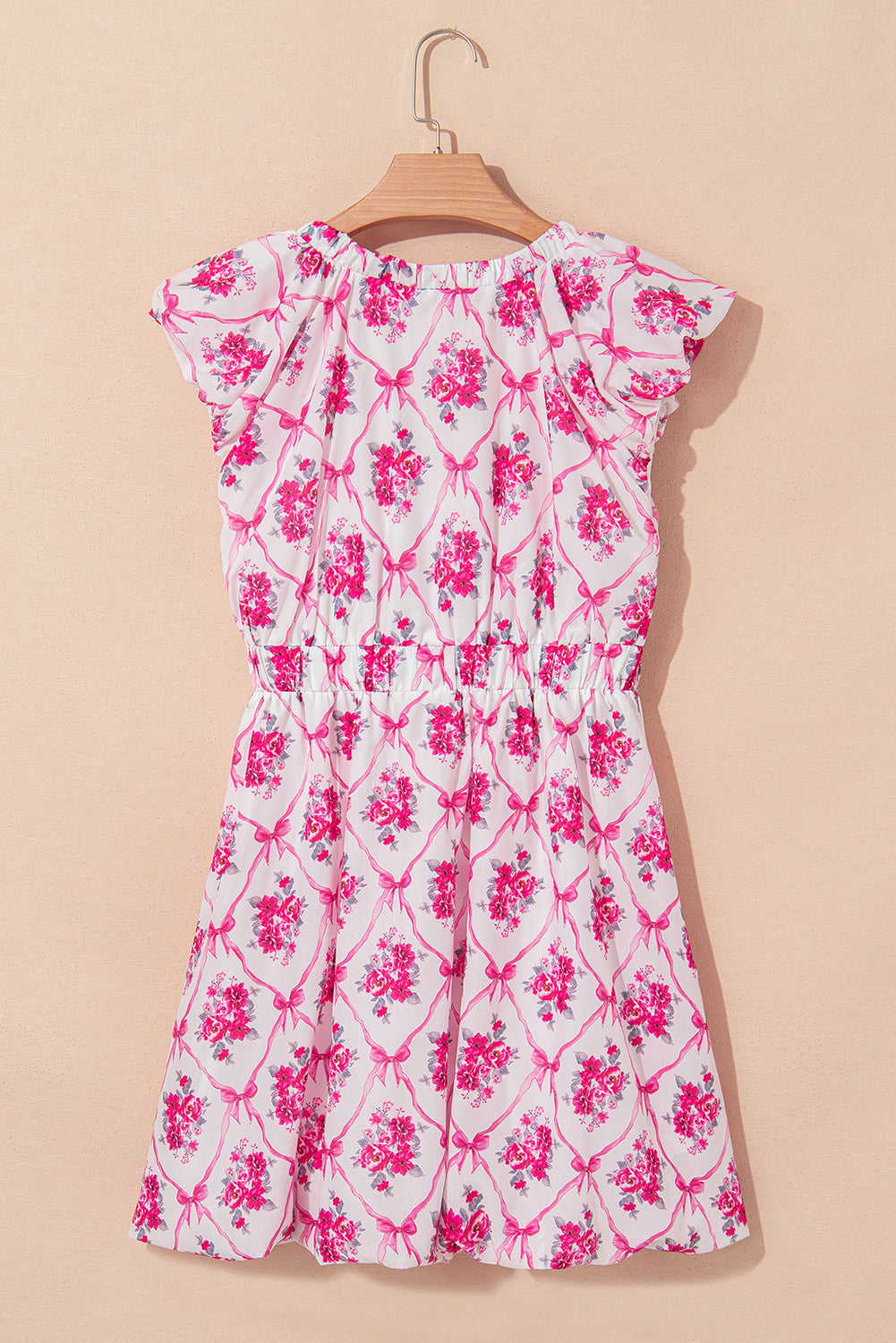 Multicolour Bow Lattice Floral Print V Neck Knot Decor Mini Dress Floral Dresses JT's Designer Fashion