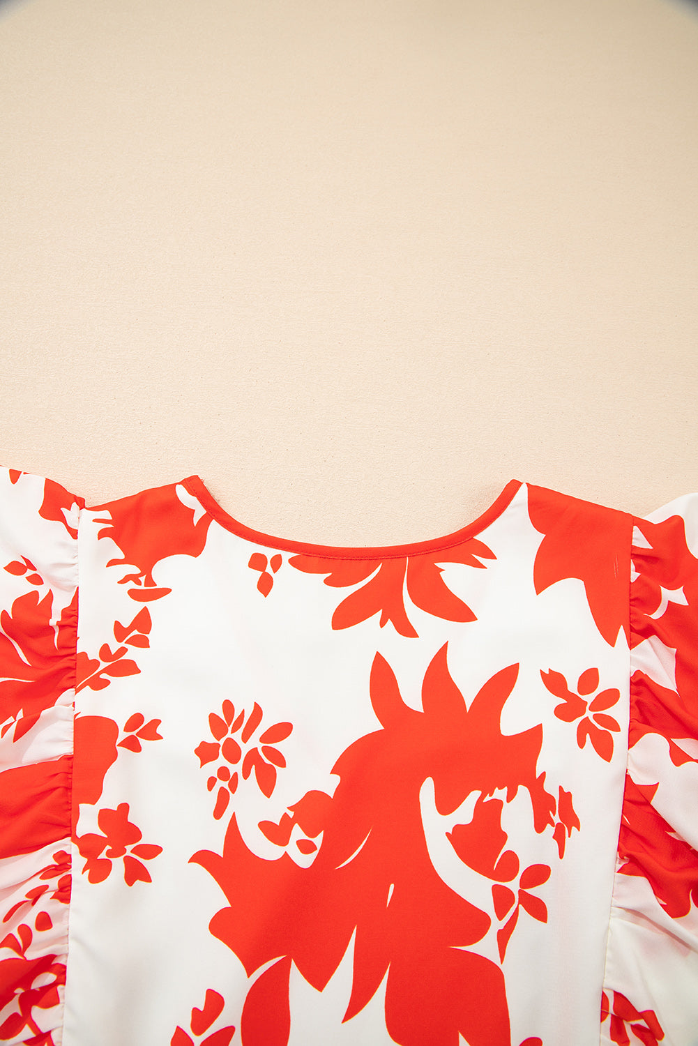 Red Floral Print Trimmed V Neck Ruffle Sleeve Long Dress Dresses JT's Designer Fashion