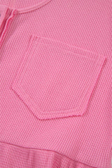 Bright Pink Waffle Textured Button Round Neck A-line Tiered Sleeveless Dress Mini Dresses JT's Designer Fashion