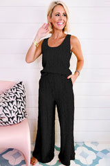 Black Crinkled U Neck Tank Top and Wide Leg Pants Set Pant Sets JT's Designer Fashion