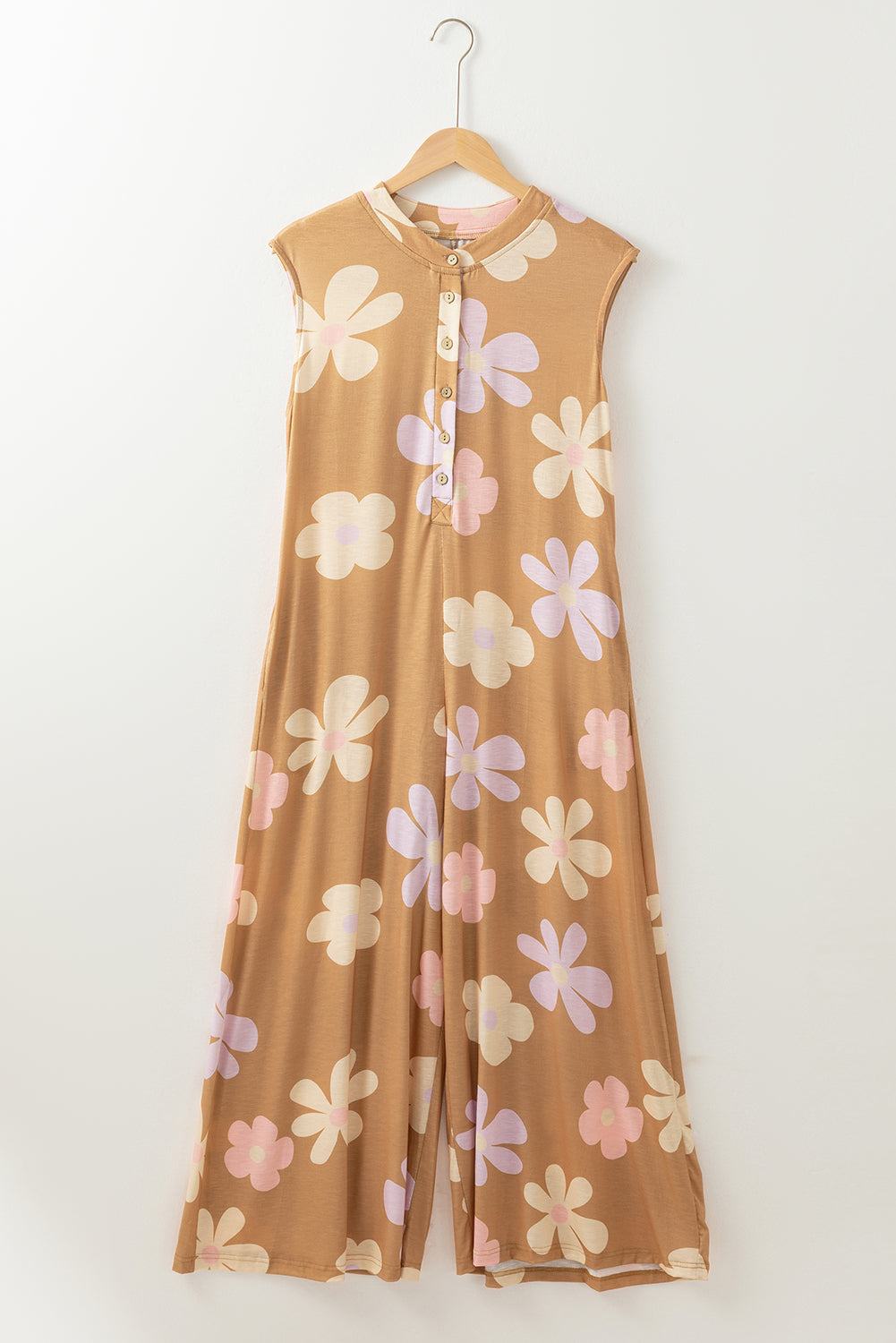 Khaki Floral Print Sleeveless Button up Wide Leg Loose Jumpsuit Jumpsuits & Rompers JT's Designer Fashion