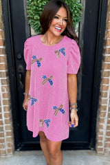 Bright Pink Flag Pattern Inspired Sequin Bow Spiral Ribbed Puff Sleeve T Shirt Dress Graphic Dresses JT's Designer Fashion