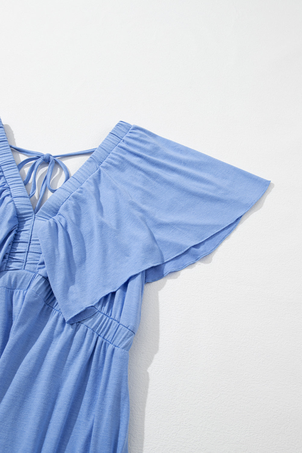 Sky Blue Textured V Neck Flutter Sleeve Ruffled Long Dress Maxi Dresses JT's Designer Fashion