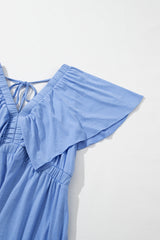 Sky Blue Textured V Neck Flutter Sleeve Ruffled Long Dress Maxi Dresses JT's Designer Fashion
