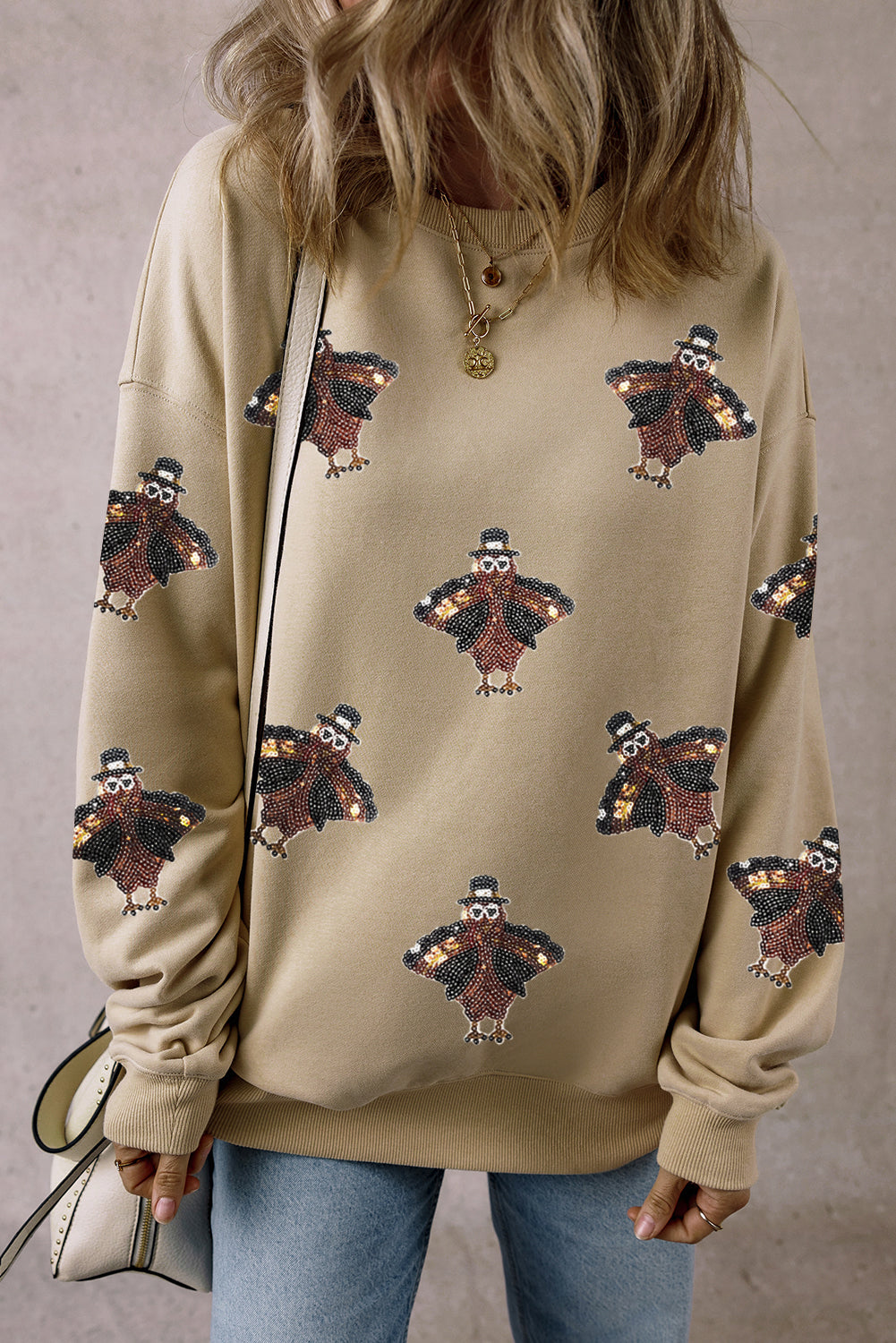 Parchment Shimmering Turkey Pattern Thanksgiving Holiday Sweatshirt Graphic Sweatshirts JT's Designer Fashion