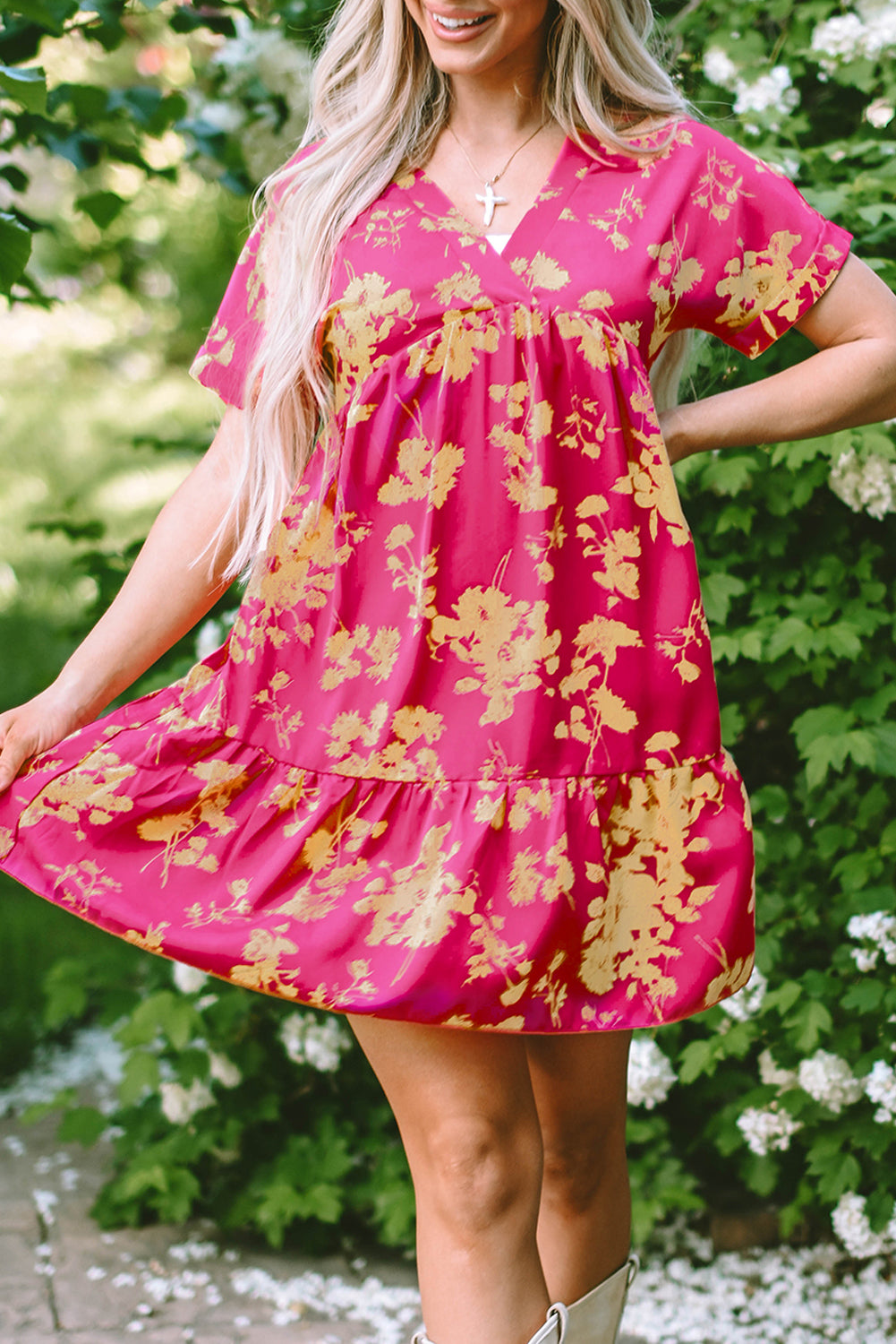 Rose Floral Print Batwing Sleeve Smock Dress Floral Dresses JT's Designer Fashion