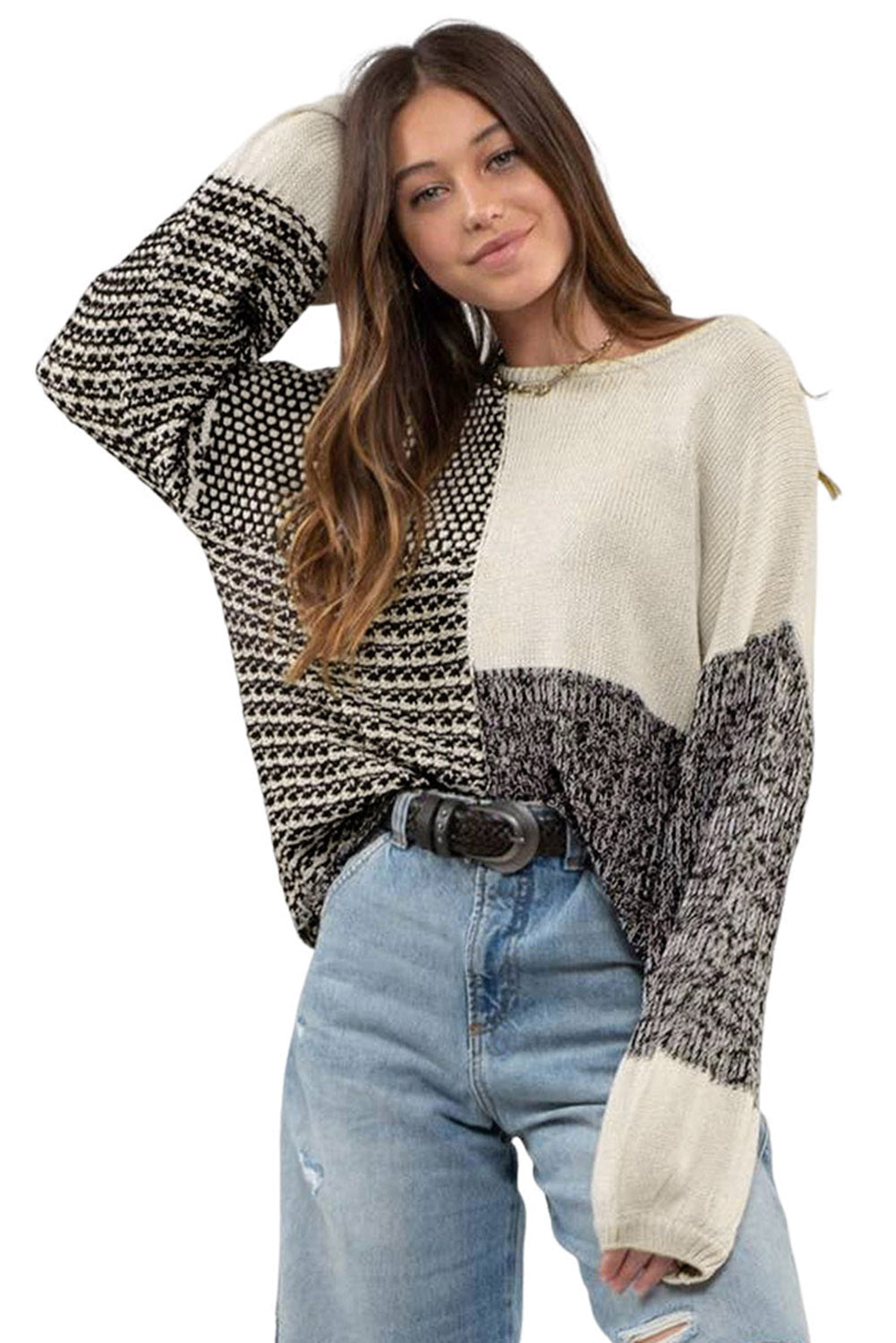 Black Neutral Colorblock Tie Back Sweater Sweaters & Cardigans JT's Designer Fashion