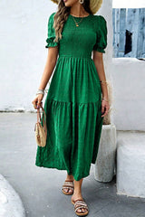 Dark Green Solid Textured Smocked Puff Short Sleeve High Waist Long Dress Dresses JT's Designer Fashion