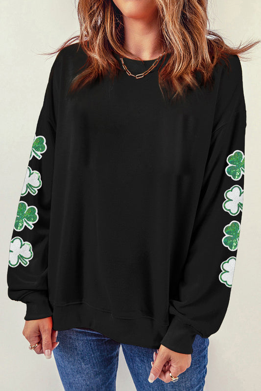 Black Sequin Clover Patched Drop Shoulder Sweatshirt Graphic Sweatshirts JT's Designer Fashion