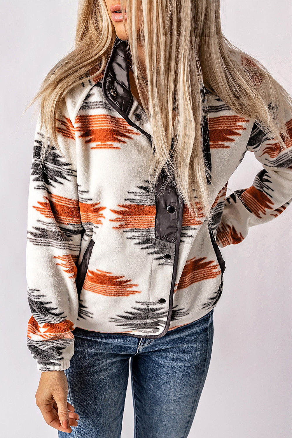 Gray Western Aztec Snap Buttoned Fleece Jacket Jackets JT's Designer Fashion