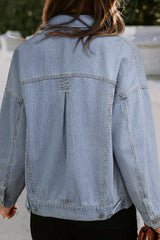 Sky Blue Stripe Washed Oversize Pocketed Denim Jacket Denim Jackets JT's Designer Fashion