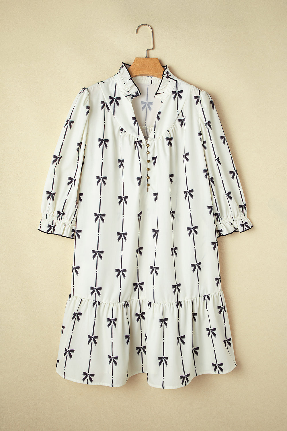 Apricot Bow Printed Puff Sleeve Ruffled Plus Size Mini Dress Plus Size Mini Dresses JT's Designer Fashion