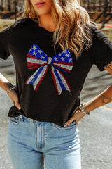 Black Rhinestone Stars and Stripes Bow Graphic Independence Day T Shirt Graphic Tees JT's Designer Fashion