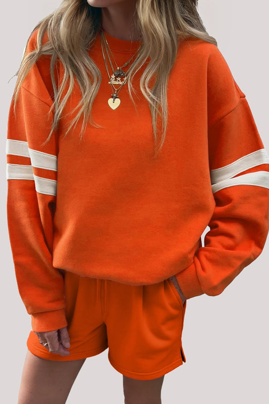 Orange Varsity Striped Sleeve Drop Shoulder Sweatshirt and Short Set Orange 65%Polyester+35%Cotton Short Sets JT's Designer Fashion