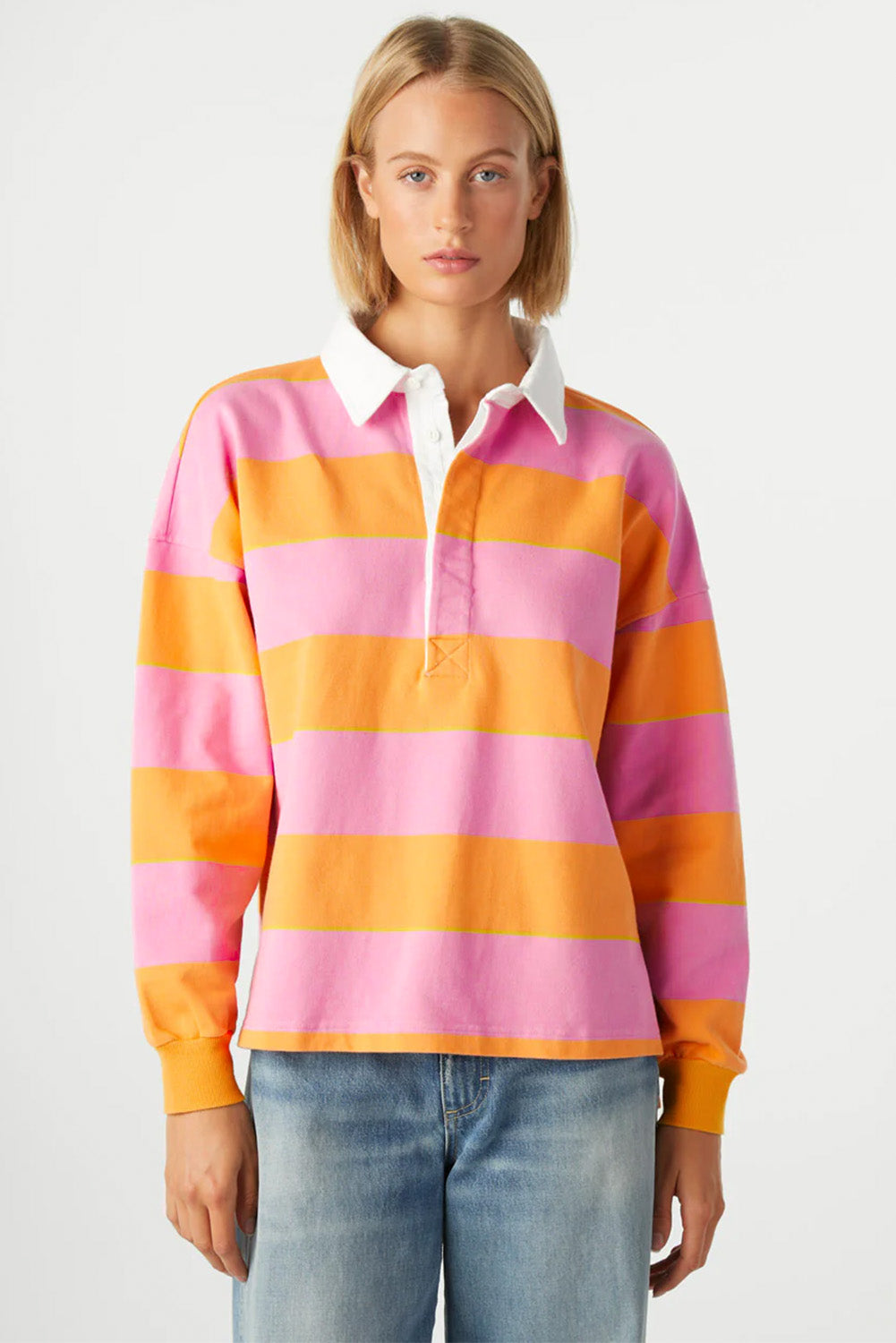 Yellow Stripe Color Block Polo Collar Sweatshirt Sweatshirts & Hoodies JT's Designer Fashion