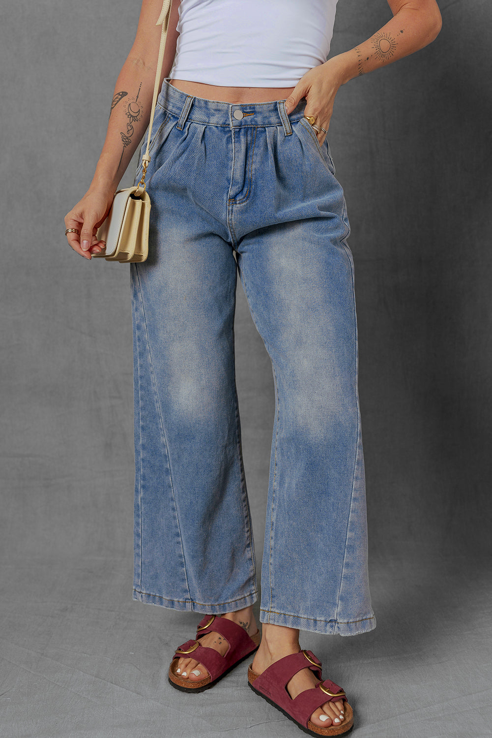 Ashleigh Blue Washed Pleated Detail Wide Leg Jeans Jeans JT's Designer Fashion