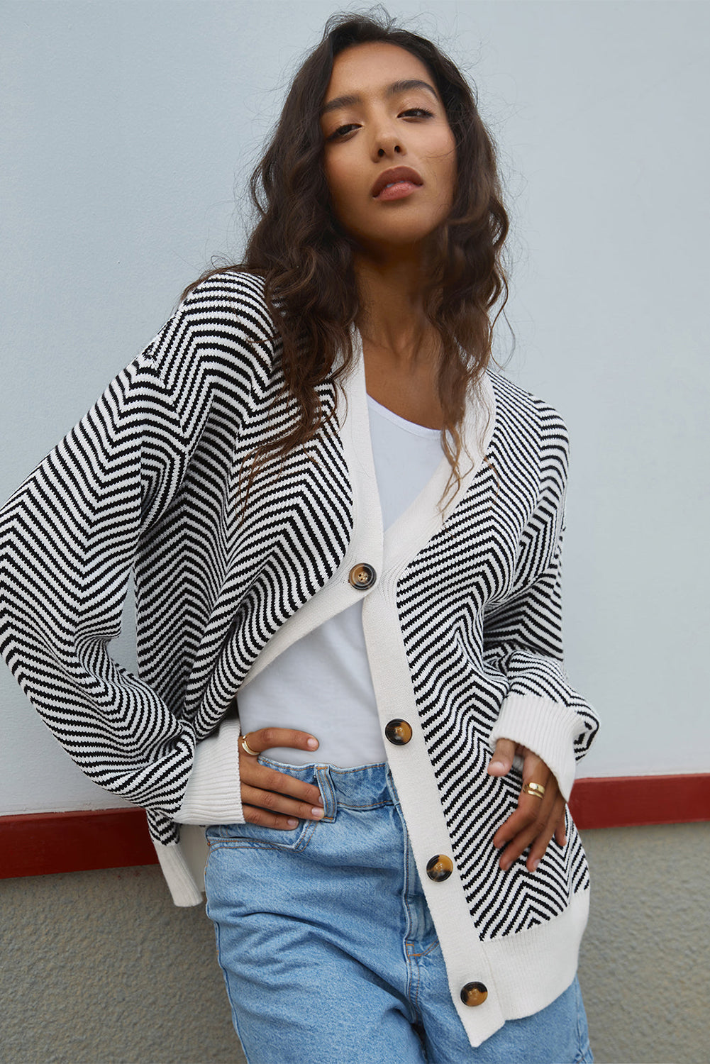 Black Stripe Buttoned Front V Neck Herringbone Cardigan Cardigans JT's Designer Fashion