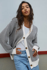 Black Stripe Buttoned Front V Neck Herringbone Cardigan Cardigans JT's Designer Fashion
