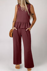 Red Dahlia Solid Color Ribbed Ruffle Tank Top and Pants Set Pant Sets JT's Designer Fashion