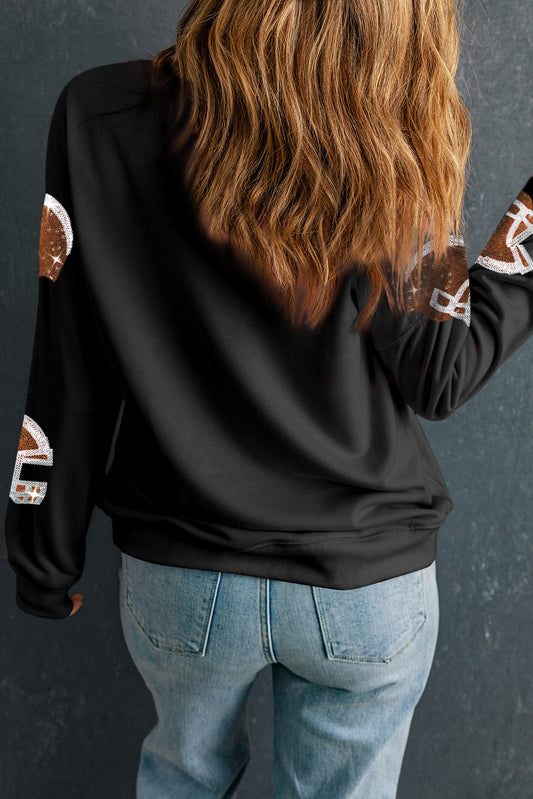 Black Sequin Rugby Football Helmet Graphic Game Day Sweatshirt Graphic Sweatshirts JT's Designer Fashion