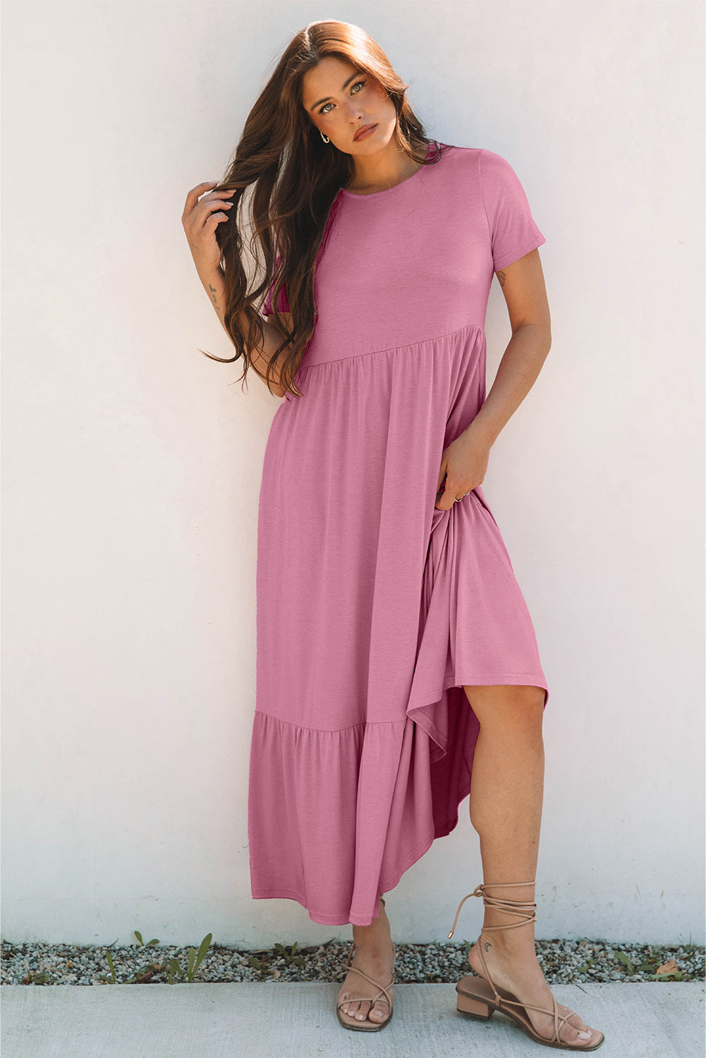 Pink Solid Color T-shirt High Waist Pocketed Long Dress Maxi Dresses JT's Designer Fashion